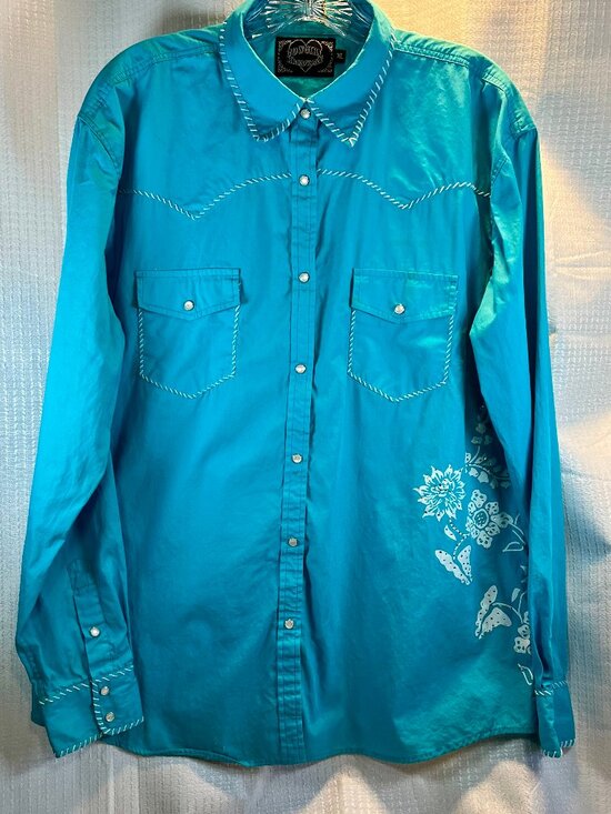 Cowgirl Hardware Tops - Cowgirl Hardware Turquoise / Teal Long Sleeve Pearl Snap Western Shirt size XL